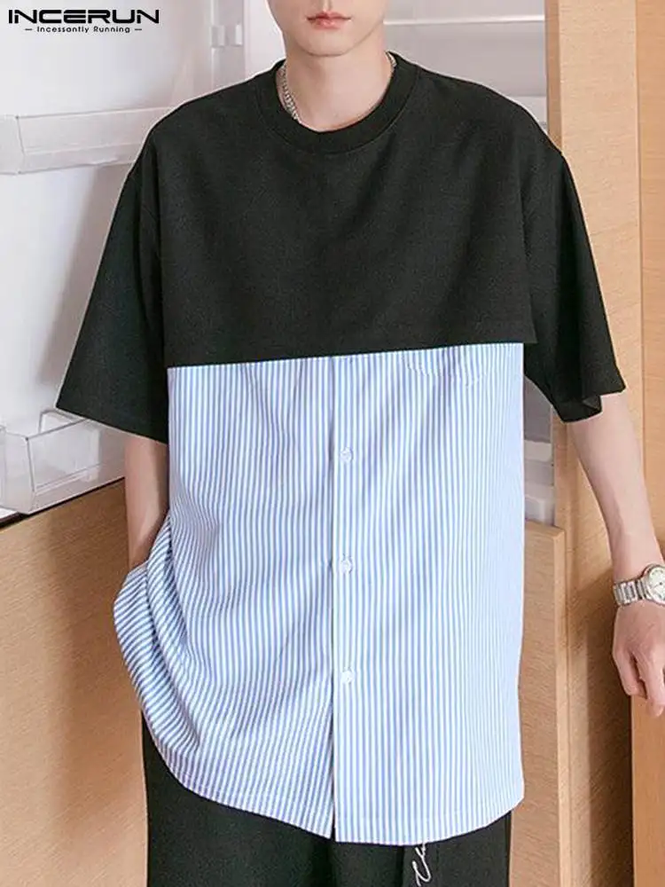 

Korean Style New Men's Solid Color Patchwork T-Shirts INCERUN Tops 2022 Casual Simple Male Striped Short Sleeve Camiseta S-5XL