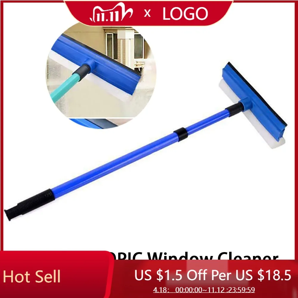 

New 2 In 1 Telescopic Casement Glass Squeegee Cleaner Wiper Long Handle Sponge Brush Housework Cleaning Tools For Home