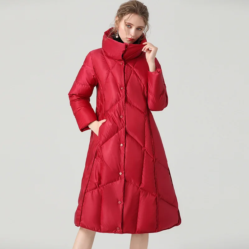 Lightweight Down Jacket Women New Winter Fashion Stand-up Collar Long Plus Velvet Warm All-match Outwear