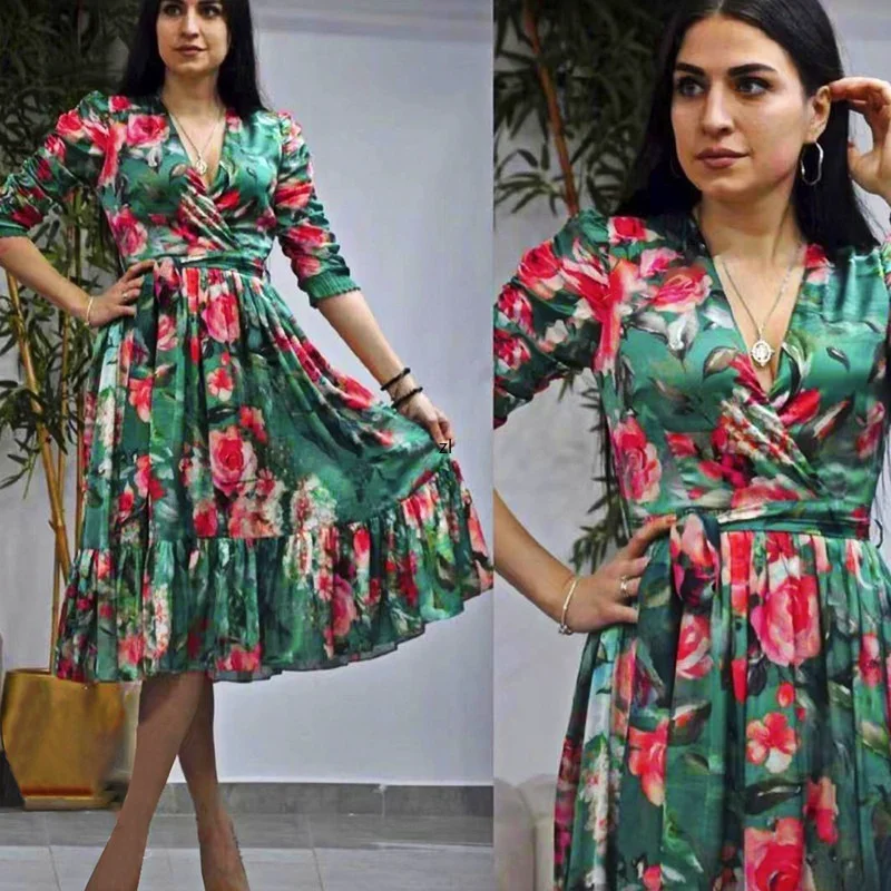 

Women Dresses Summer 2022 New African Print Chiffon Dress Elegant Kaftan Evening Gown Ladies Fashion European Clothing