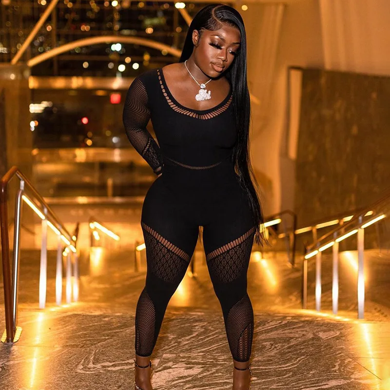 

Sexy Mesh Hollow Out See Through Jumpsuits Women Transparent Long Sleeve Rompers Club Party Tights Elastic One Piece Pant