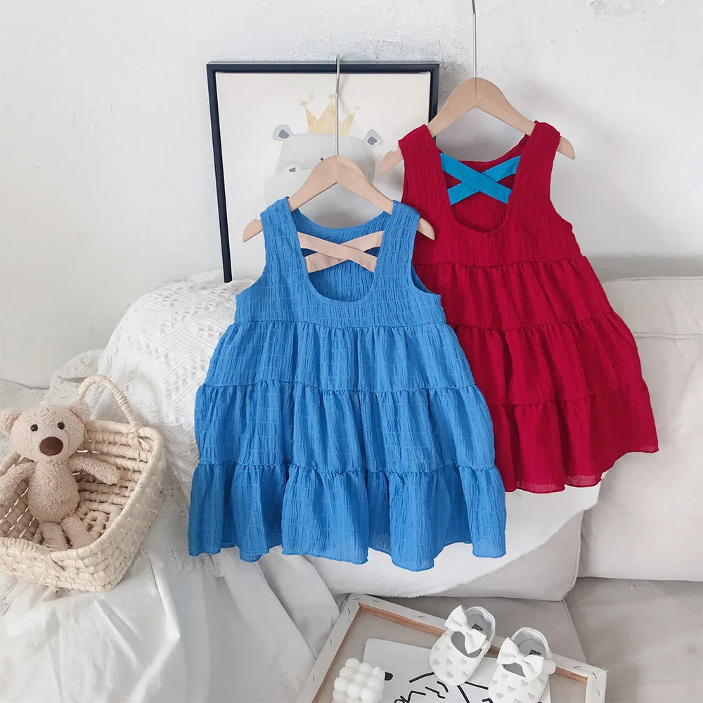 

Girls Dresses 2022 Summer Sleeveless Red Princess Dress Sweet Kids Clothing Toddler Children Dress Casual Beach Layered Vestido