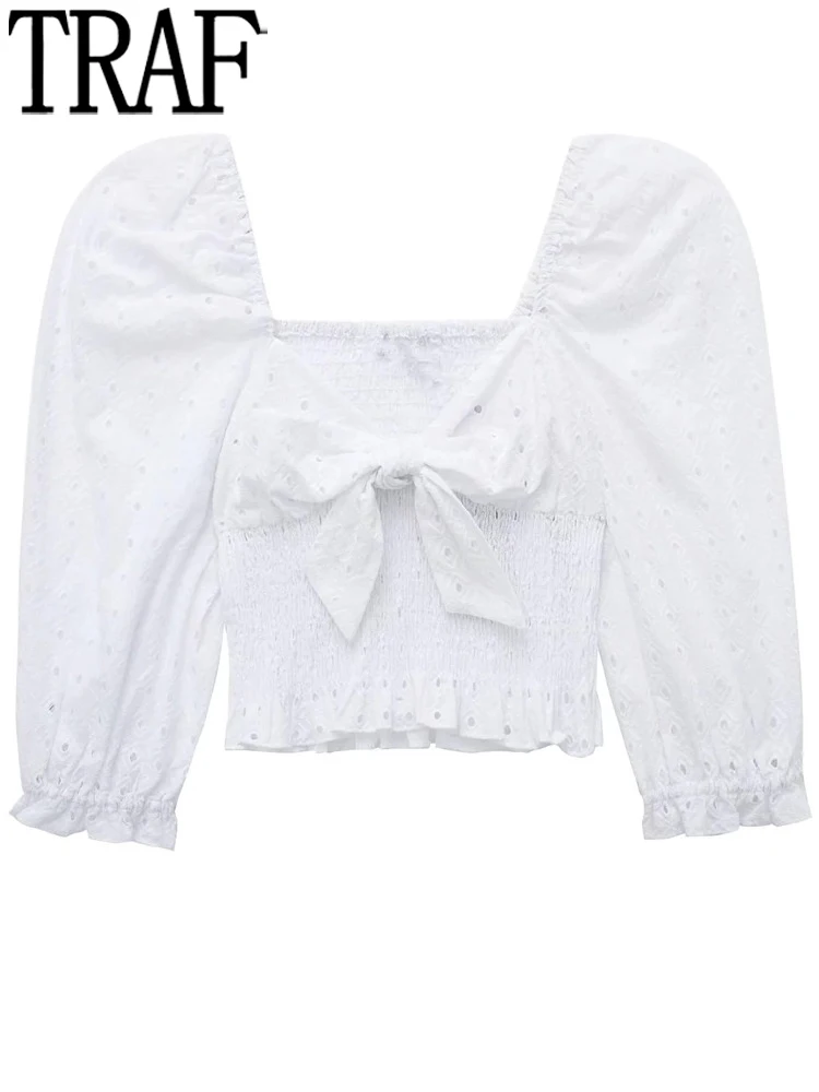

TRAF Embroidery White Blouse Women Cut Out Crop Top Female Bow Puff Sleeve Summer Top Woman Elastic Ruffle Cropped Blouse