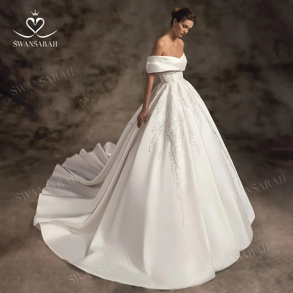 

Off Shoulder Wedding Dress 2024 Satin Beading A-Line Court Train Princess Bride Gown SwanSarah W230 Plus Size Vestido De Novia