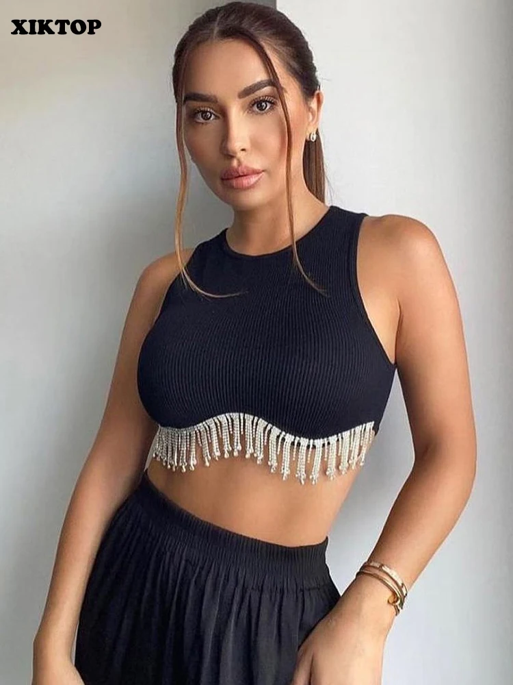 

Укороченный женский топ XIKTOP Стразы цепочки летняя сексуальная женская одежда корсет без рукавов Y2K однотонная ребристая майка с круглым вы...