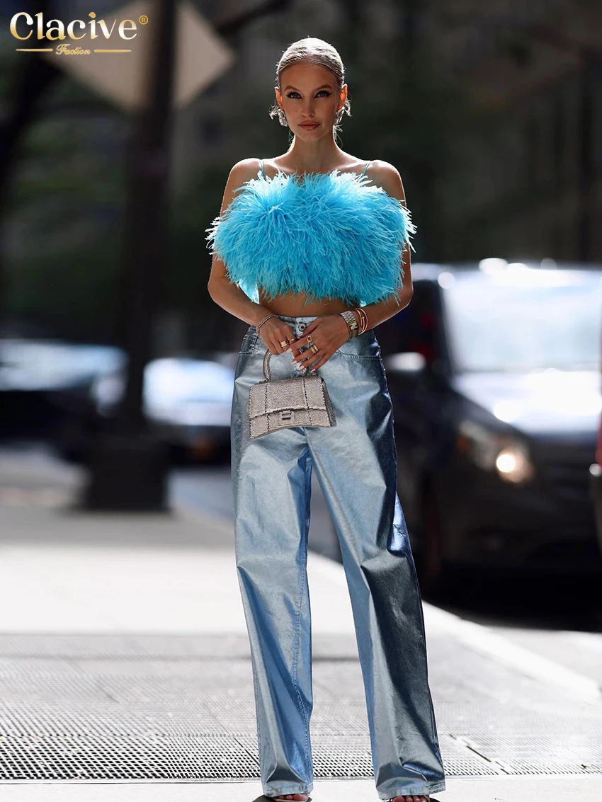 Clacive Fashion Loose Blue Women'S Pants 2023 Elegant High Waist Full Length Pants Streetwear Simple Straight Trousers Female