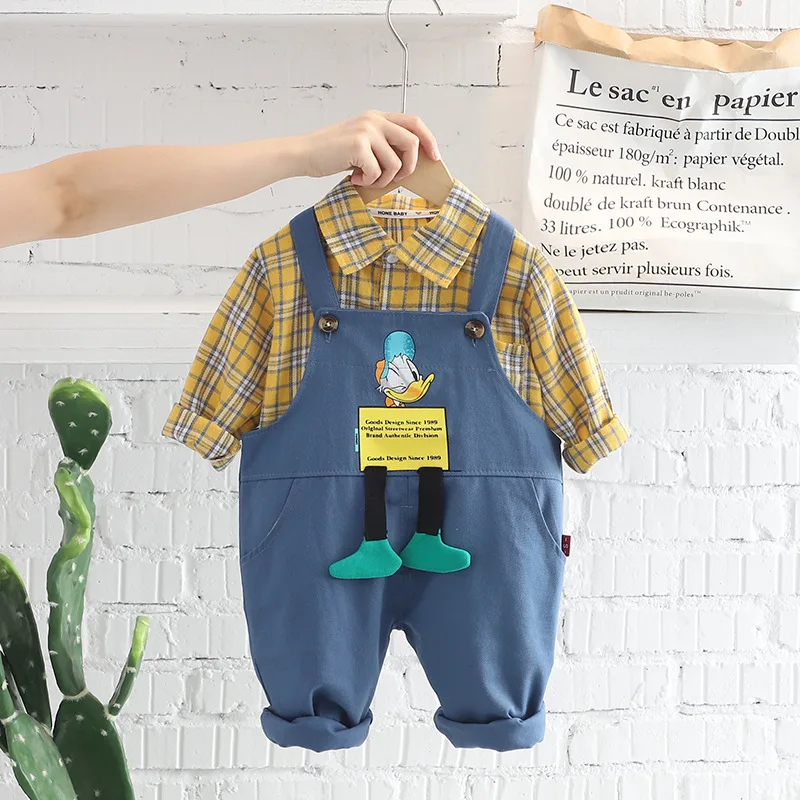 

Kids Brand Clothing Sets for Children From 2 to 3 Years Old Plaid Long Sleeve Shirts Cartoon Denim Overalls Suits Boys Outfits