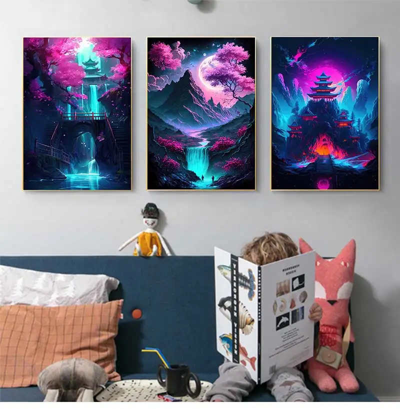 Пейзаж Настенный неоновый розового цвета Сказочная Картина на холсте в стиле