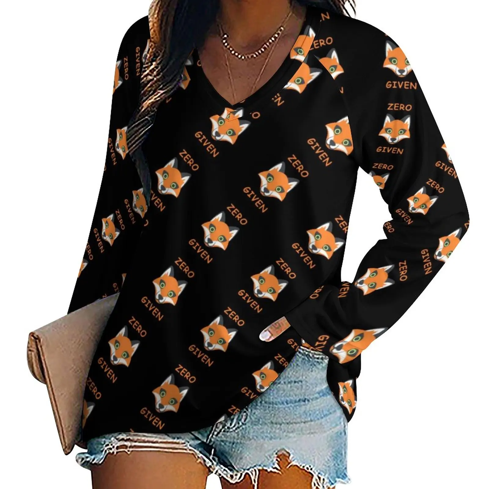 

Trendy Zero Fox T Shirts Cartoon Print Cute T Shirt Woman Long Sleeve Loose Tshirt Oversized V Neck Graphic Clothing