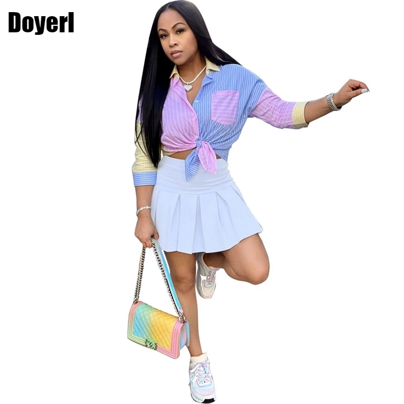

Streetwear 2 Piece Sets Womens Outfits Elegant Striped Shirt Blouses Top Pleated Skirt Dress Sets Women Two Piece Outfits 2022