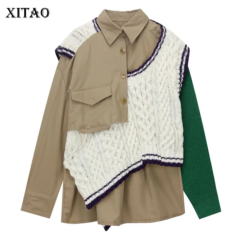 

XITAO Асимметричная индивидуальная трикотажная рубашка в стиле пэчворк, имитация двух частей, топ контрастного цвета, модная новинка, уличный...