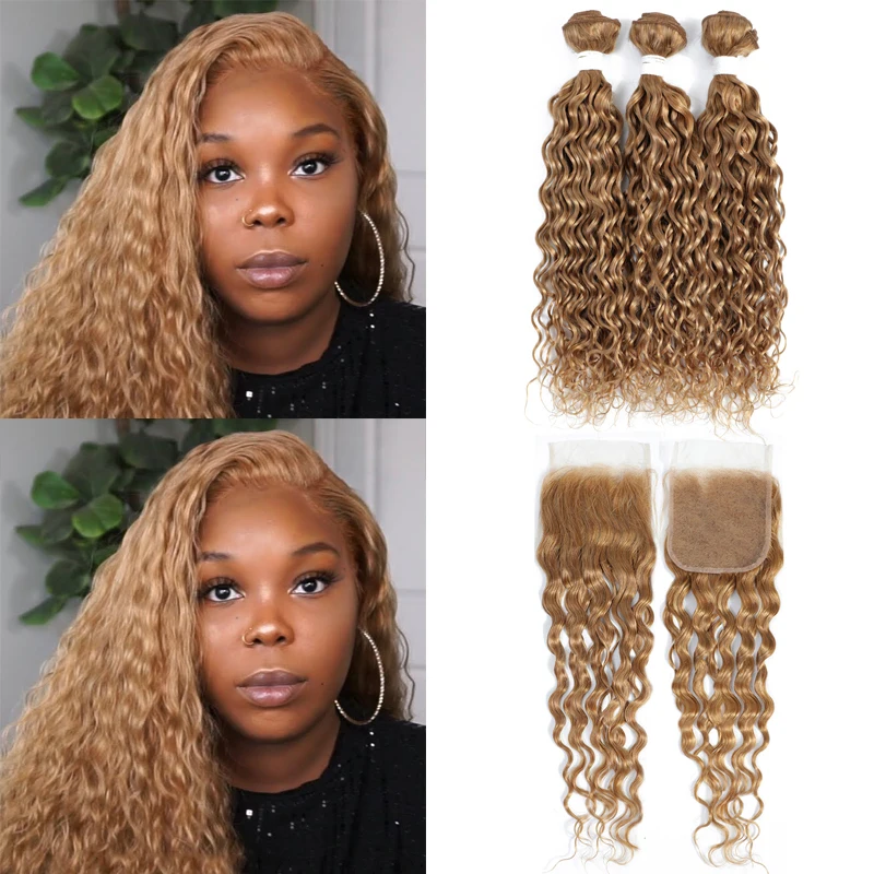 Water Wave Human Hair Bundles With Closure Honey Blonde Colored Hair Weave Bundles With Closure Brazilian Remy Hair Bundle Deals