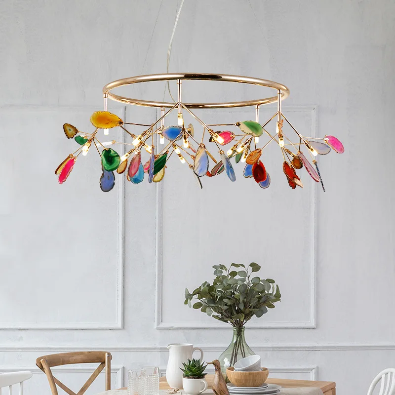 

Art Led Chandelier Pendant Lamp Light Nordic living room modern luxury restaurant agate firefly colorful branch decoration round