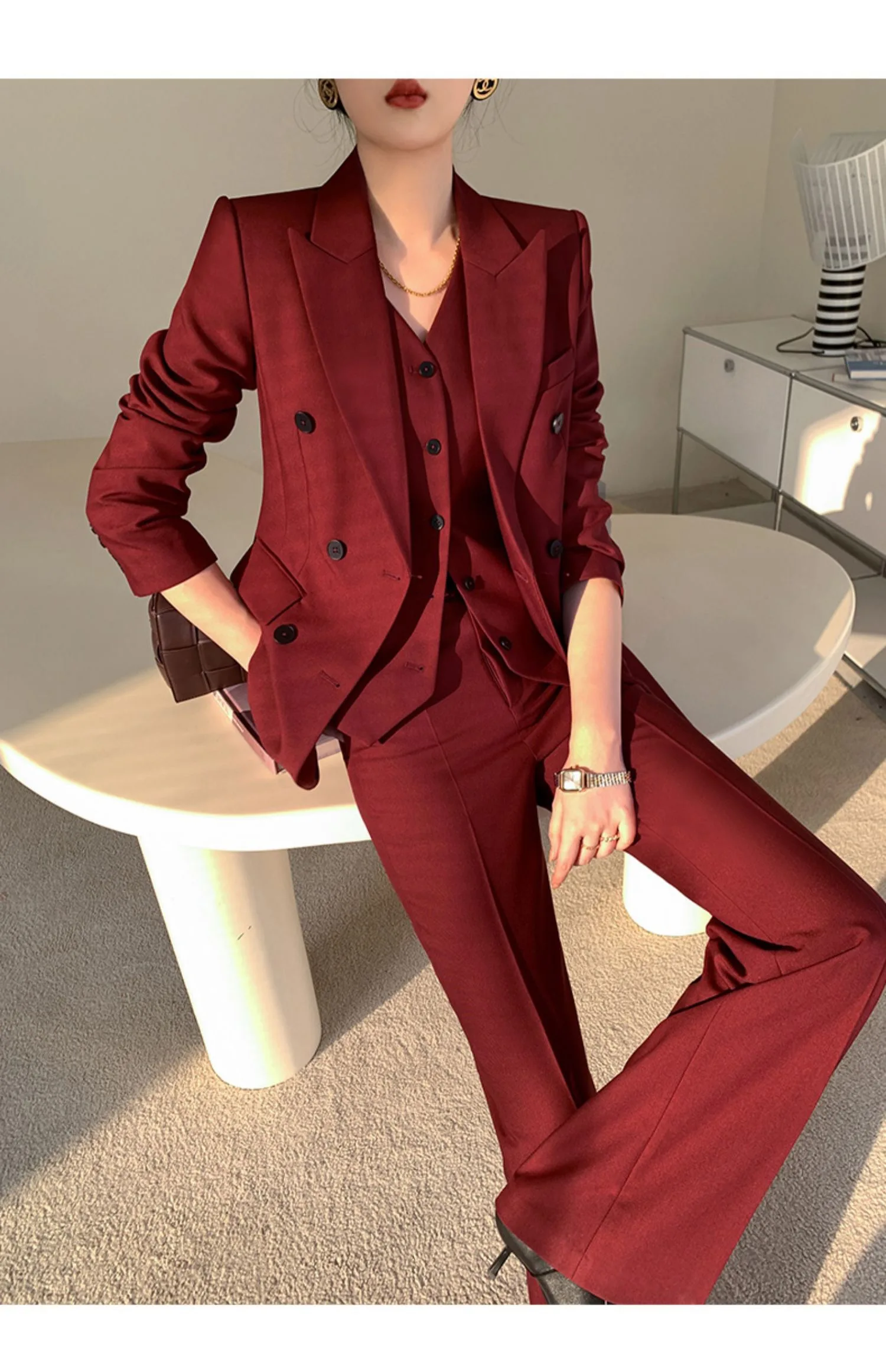 Elegant Burgundy Blazer Suit Office Women's Three-Piece Set Professional Formal Vest Pants Suit 2022 Autumn Korean Clothing
