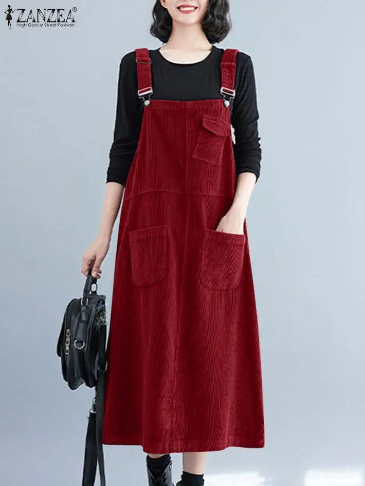 Винтажное вельветовое платье ZANZEA модный Однотонный сарафан на бретельках