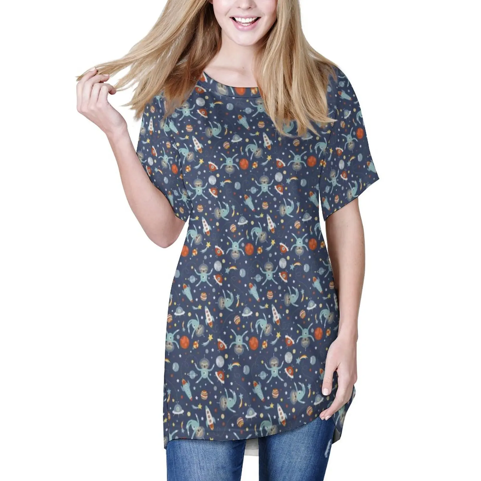 

Футболка женская длинная с коротким рукавом и принтом, большого размера