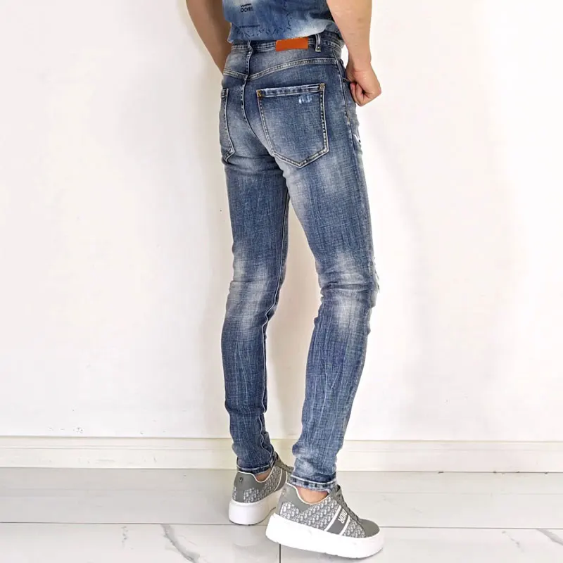 Джинсы мужские стрейчевые уличная мода облегающие синие джинсы в стиле ретро