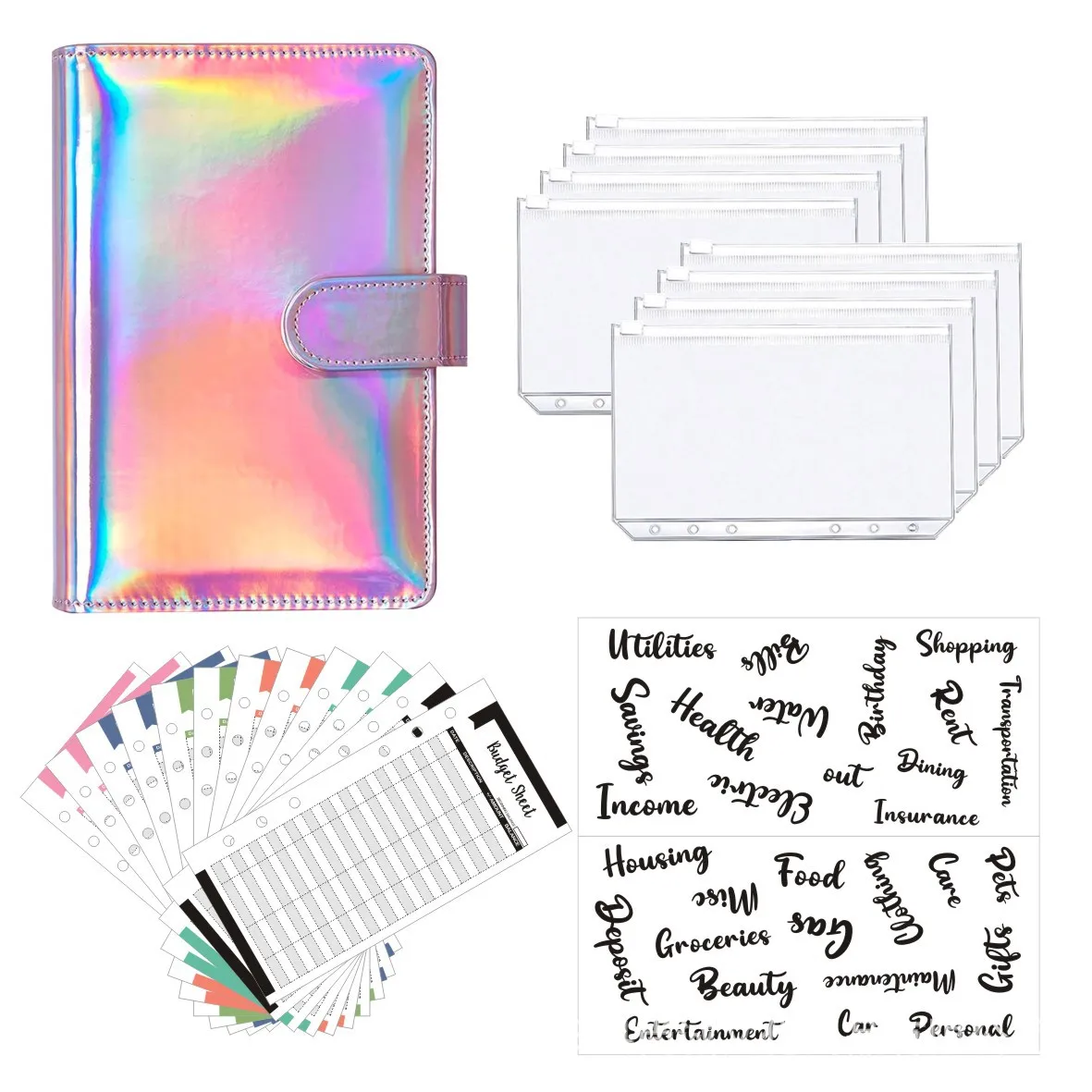 

A6 Laser Colorful Budget Planner Binder Zipper Cash Envelopes for Budgeting Money Organizer Monthly Budget Plan Notebook Set