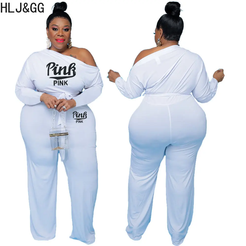 HLJ&GG Casual PINK Letter Print One Shoulder Jumpsuits Women Long Sleeve Bandage Bodycon Playsuits Fall Female Rompers Clothing