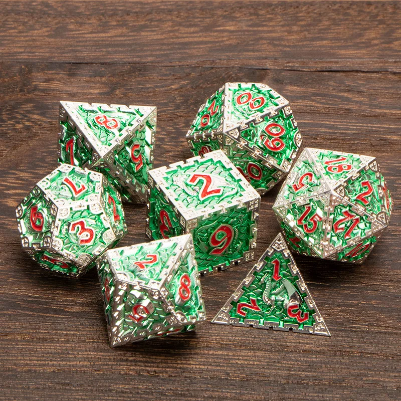 Silver Green Polyhedral Metal Dnd Dice Set 7 Pcs RPG D&ampD D+D Dungeon And Dragon D20 D12 D10 D% D8 D6 D4 Table Role Playing Game |