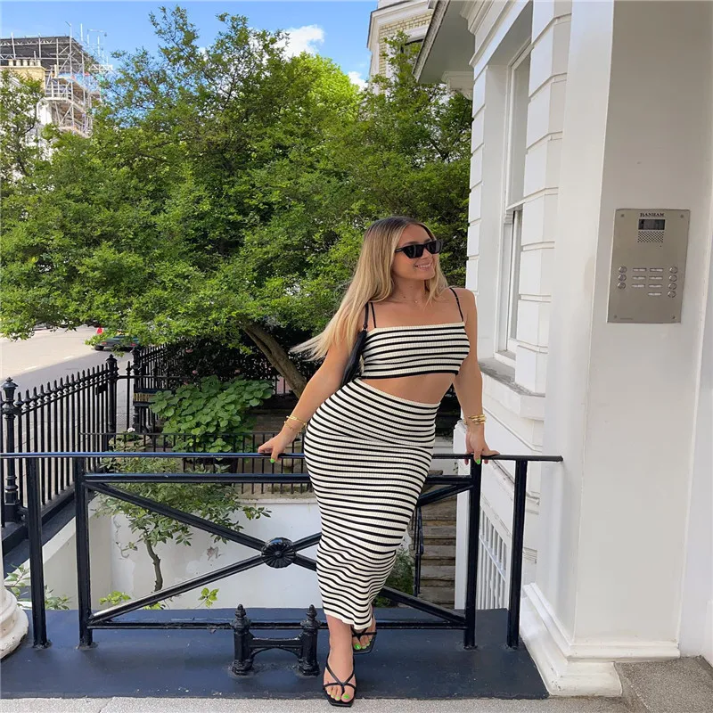 

2 Pieces Women Summer Outfit, Stripe Spaghetti Strap Tank Tops + High Rise Midi Skirt Set for Ladies Black White