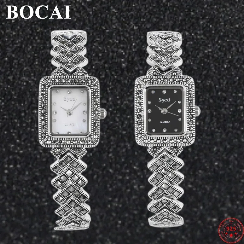 

BOCAI S925 Sterling Silver Bracelets for Women New Fashion Argentum Watch-strap Watchband Square Wrist-watch Free Shipping