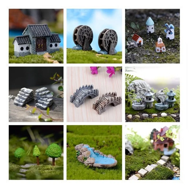 

House Waterwheel Mini Castle Stone Steps Green Tree Home Decor Miniature Fairy Garden Ornaments Decoration Accessories Crafts