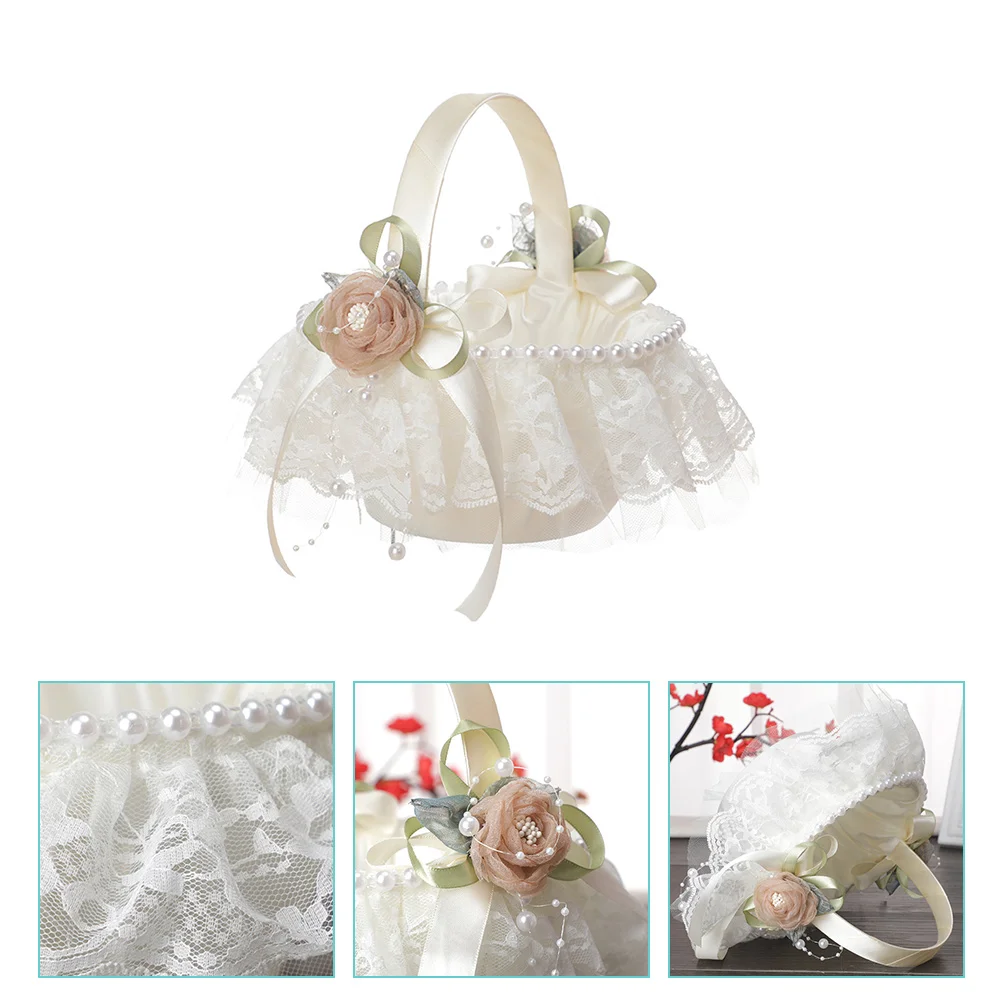 

Basket Flower Girl Wedding Baskets For Lace White Weddings Handle Satin Bowknot Rustic With Small Rhinestone Pearl Gift Petal