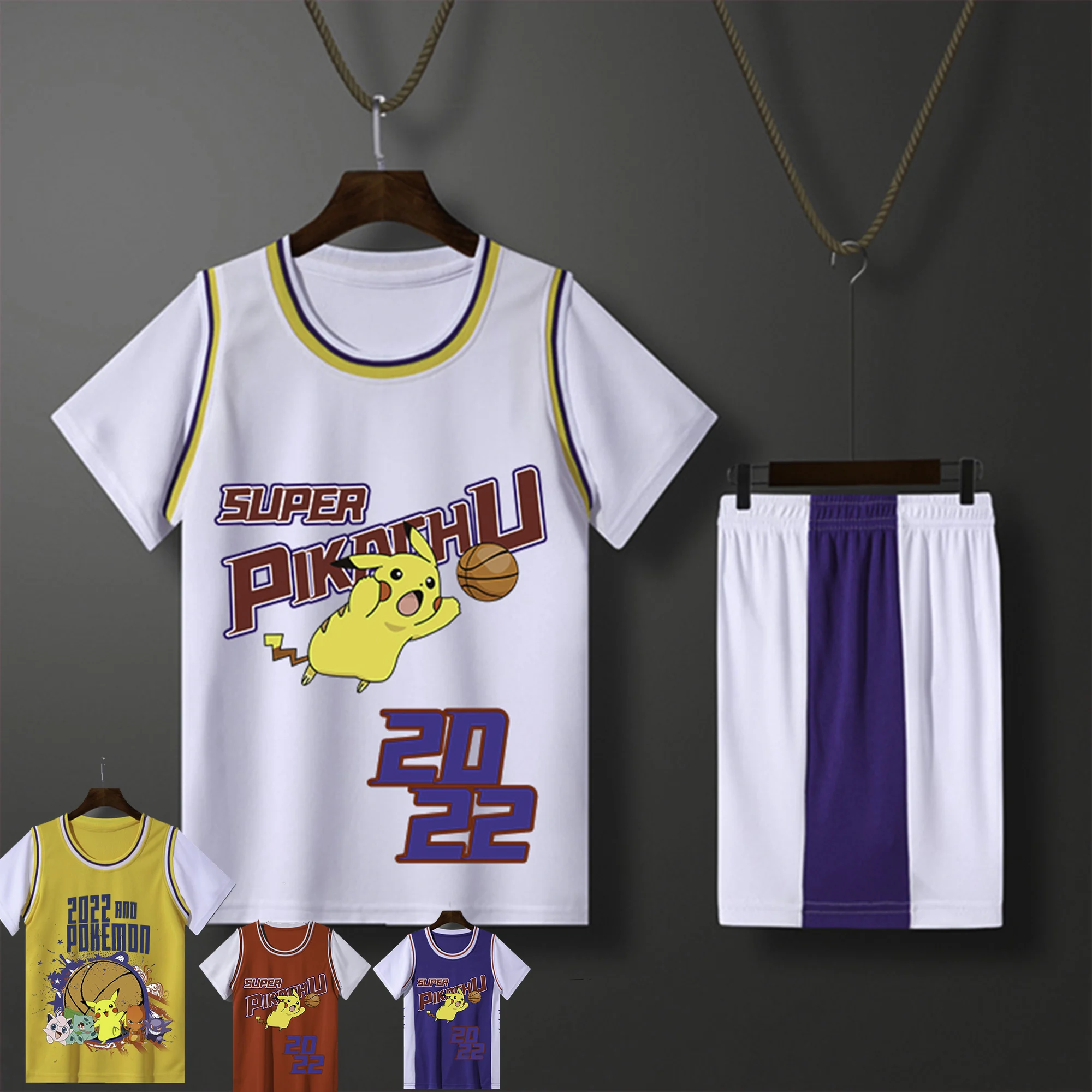 

Children Jersey Sport Clothes Pokemon Pikachu Basketball Set Boy Girl Vest Training Shorts Outfits Kid Fan Football Short Shirt