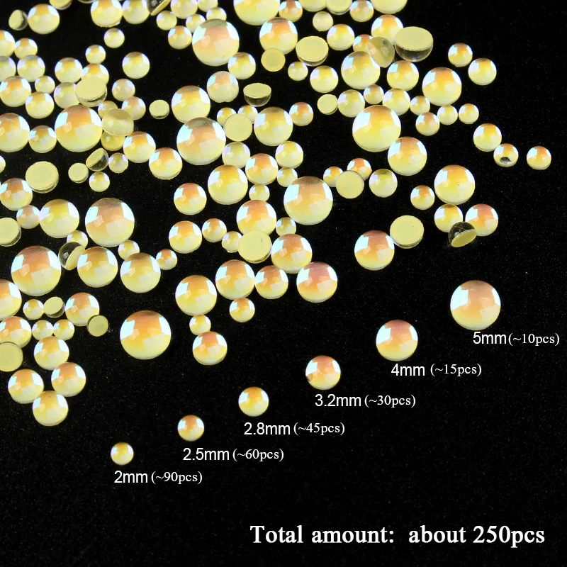

Глянцевые круглые желтые корейские модные 3D Стразы разных размеров для ногтевого дизайна, стразы с плоской задней стороной, хрустальные ка...