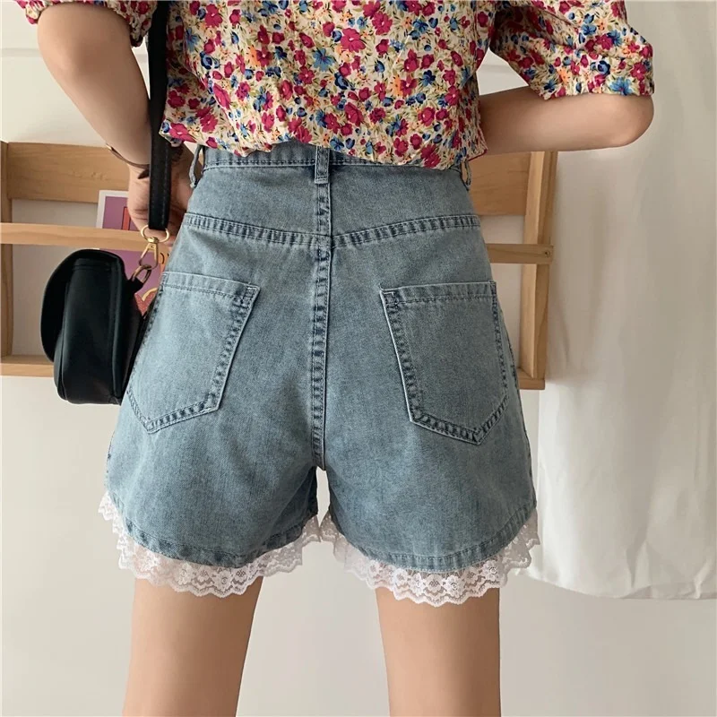 Sweet Y2k Pearl Lace Denim Shorts 2023 Korean Women Summer Sexy High Waist Straight Jeans Shorts Casual Loose Wide Legs Shorts