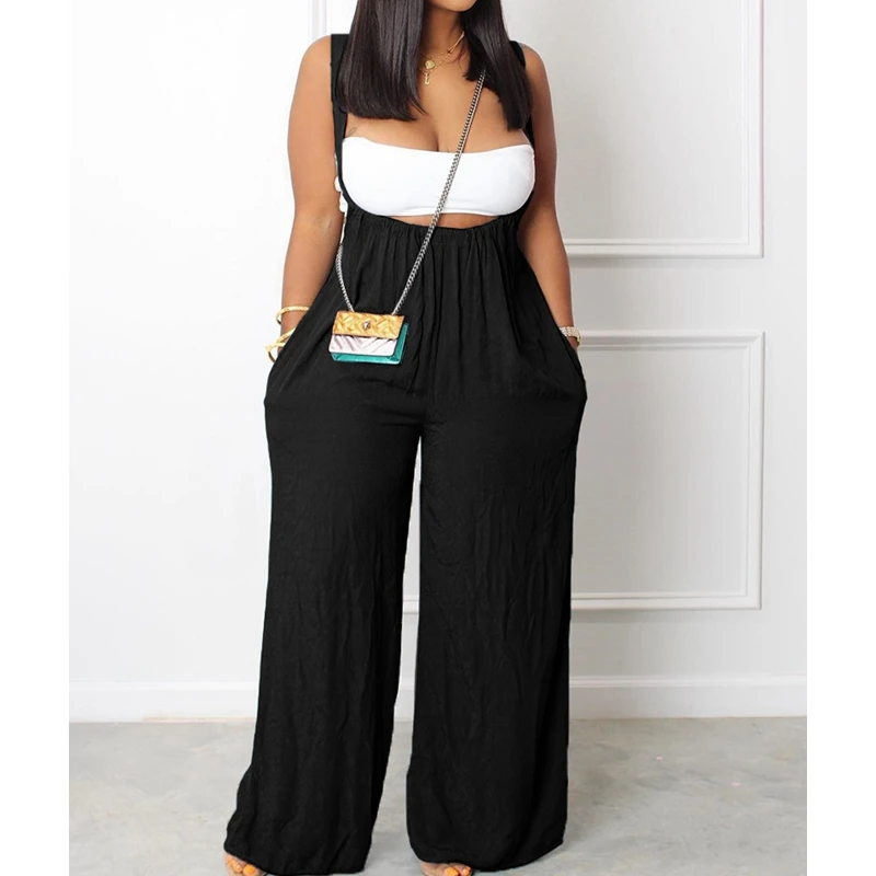 

Women's Strap Pants Summer Fashion Solid Color Loose Pleated Pants Women's Casual High Waist Pocket Wide Leg Pants Trousers