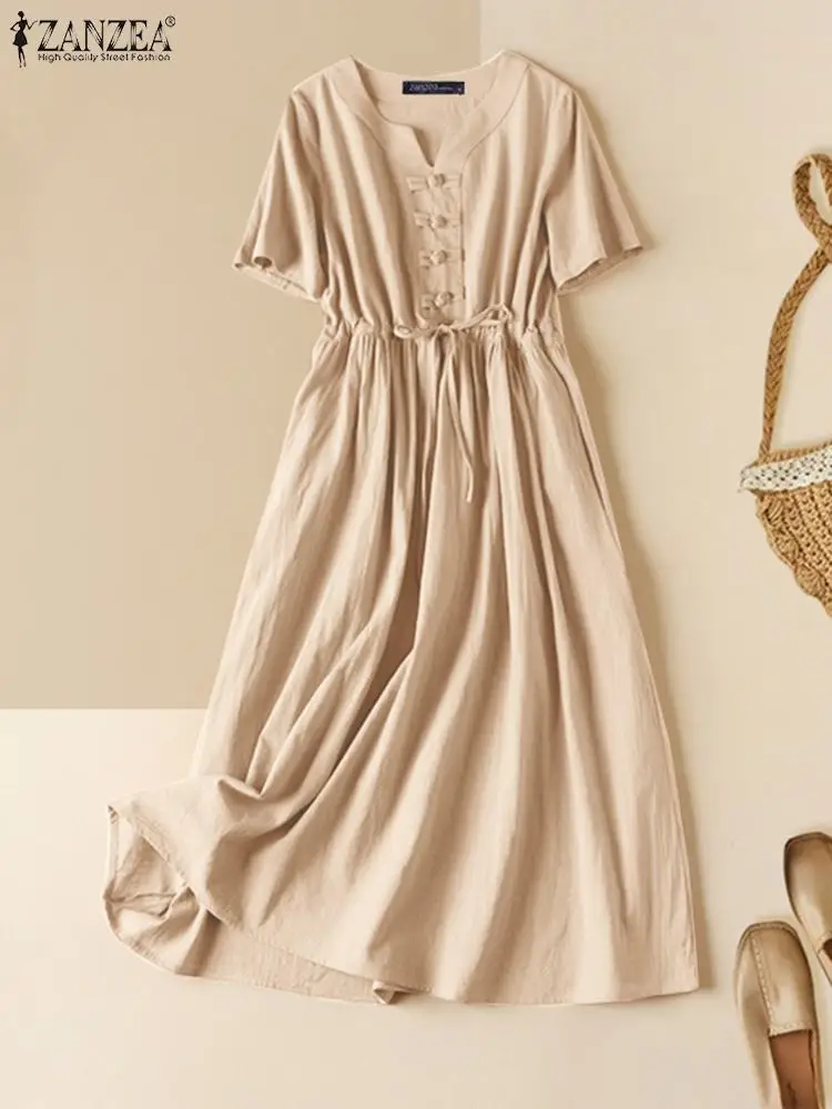 

Платье ZANZEA женское повседневное с коротким рукавом, длинное однотонное на завязках, с V-образным вырезом, на пуговицах, в винтажном стиле, на лето