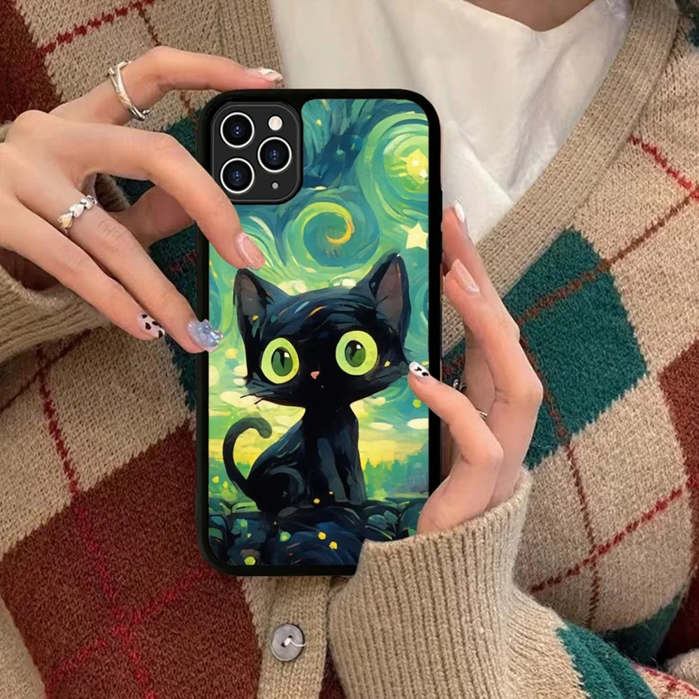 Artistic Black Cat Starry Night Silicone PC+TPU For IPhone 11 12 13 14 15 16 Plus Pro Max Cover