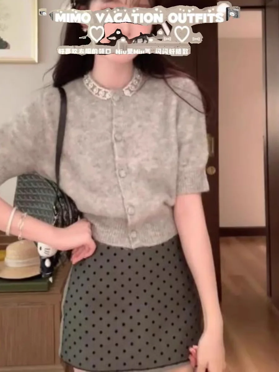 Весенняя серия Miu со сверлильным свитером кардиган футболка с короткими рукавами