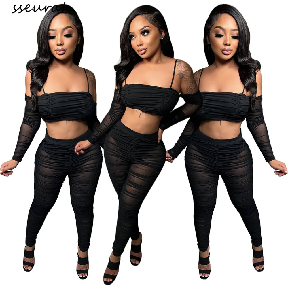 

SSEURAT Fashion Sexy See Through Mesh Crop Tops and High Waist Transparent Pants Clubwear Two Piece Set Outfits