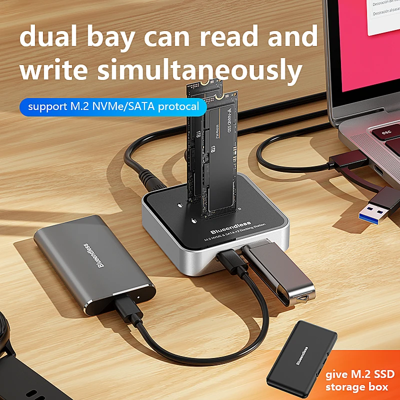 Фото Док-станция SSD с двумя отсеками M.2 NVMe/SATA и протоколом SSD, внешний корпус SSD 10 Гбит/с с концентратором USB C №2