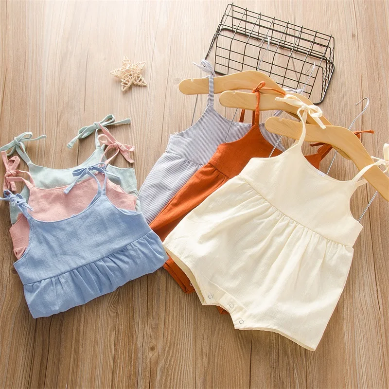 

Baby Kids Cotton Bodysuits Summer Sleeveless Girls Rompers Solid Color Casual Style Infants Children Onepiece Clothes