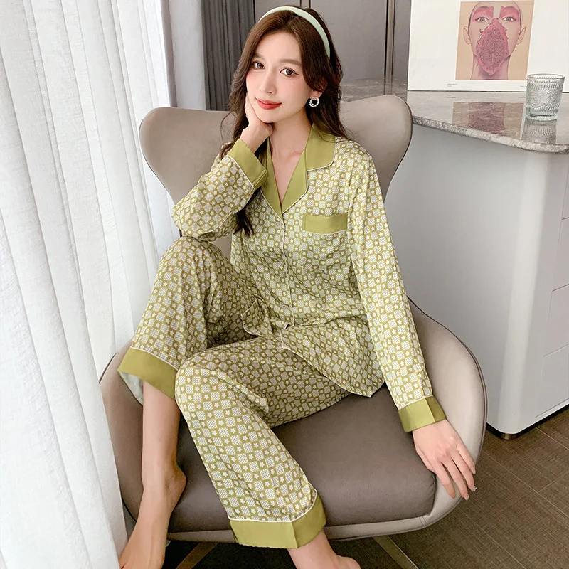Female Pajamas Two Pieces Set Spring Autumn Homewear Long Sleeves Sleep Suits Silk Satin Plaid Print Pijama Home Cloth