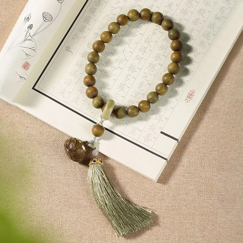 

Натуральный зеленый сандал, старый материал, ручные деревянные бусины, расширитель лотоса, китайский стиль, кисточка, Вэнь, игра, четки, бусины, подвеска для автомобиля