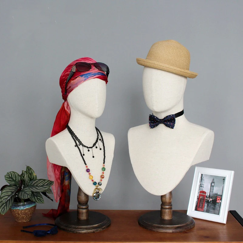 New Arrival Fabric Cover Female/Male Dummy Mannequin Manikin Head with Shoulder with Wooden Stand for Hat Jewelry Display
