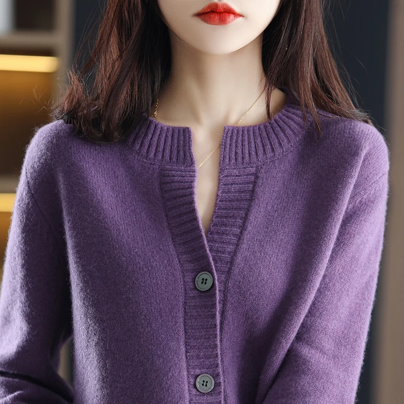 

Lafarvie Knitted 100% Wool Sweater Women Cardigan Spring Autumn Fashion Slim Tops O-Neck Long Sleeve Button Female Coat Clothing