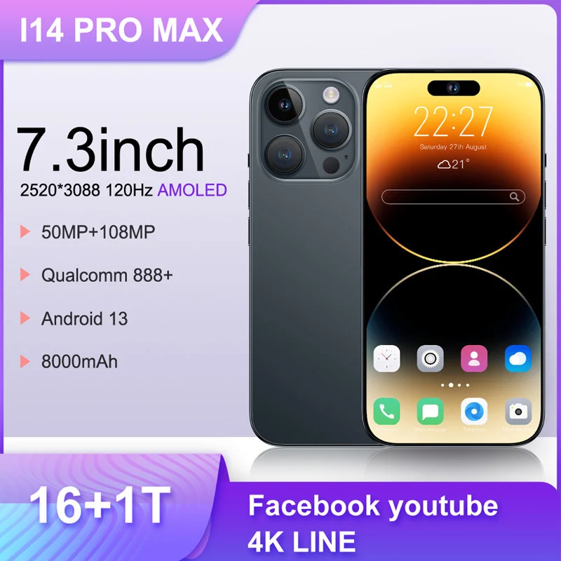 

2023 Global Version I14 Pro Max 5G Smartphone 16G+1TB 7.3 Inch Cellular 8000mAh Phone 5G Network 50MP Unlocked Dual SIM Phone