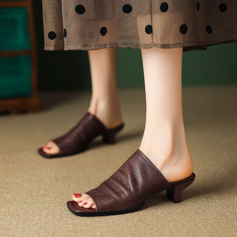 sexy peep toe slippers women luxury sandals summer soft cow leather fashion party dress shoes woman high heels slides for woman