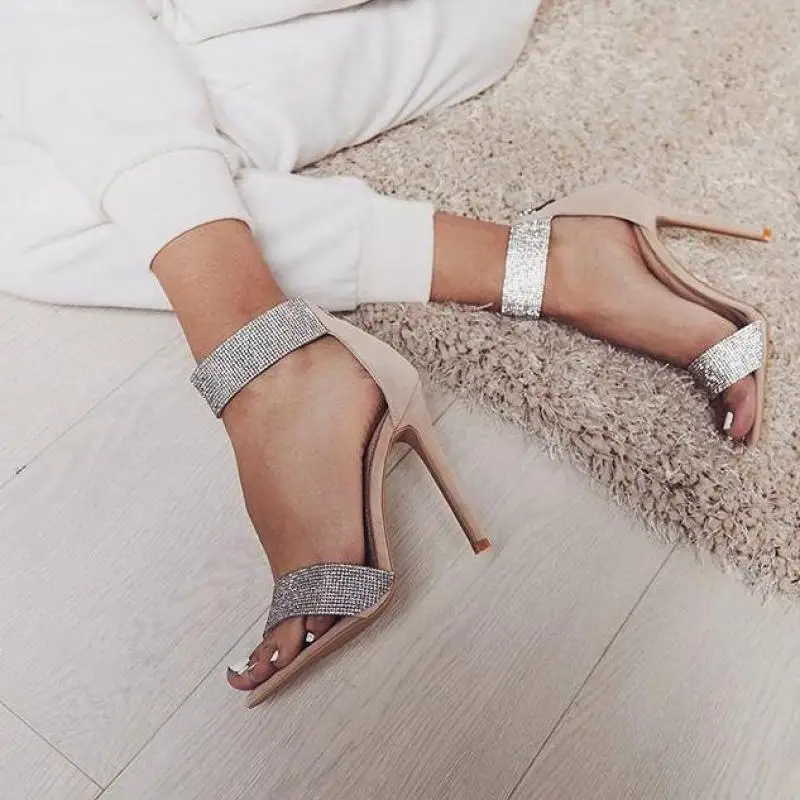 Shiny Apricot Black Diamond Crystal High Heel Sandals for Women 2022 New Summer Sexy Club High Heels Sandals for Women Plus Size