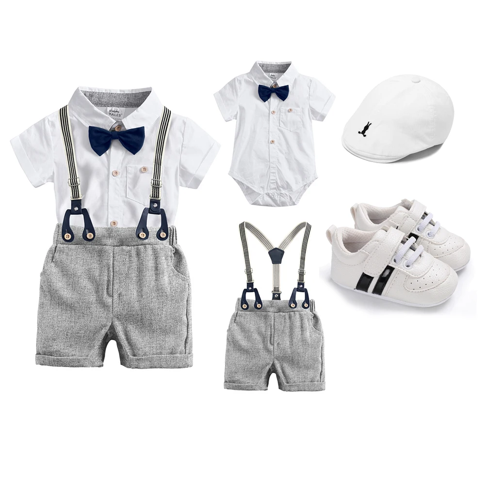 Gentleman Suit Set Baby Boy Clothes White Romper with Bow Tie Suspender Pants Shoes Fashion Clothing for  Wedding Birthday