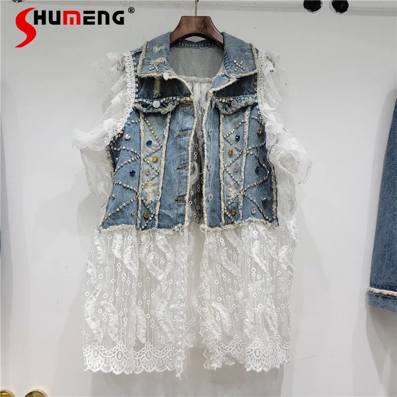 

2023 Autumn Waistcoat for Women New Lace Stitching Denim Sleeveless Coat Female Fashion Temperament Vest Top Street Vest Femme