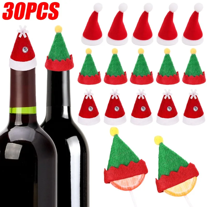 

1/30pcs Mini Santa Hats Christmas Wine Bottle Cover Lollipop Hat DIY Elf Craft Supplies Christmas New Year Tableware Decorations
