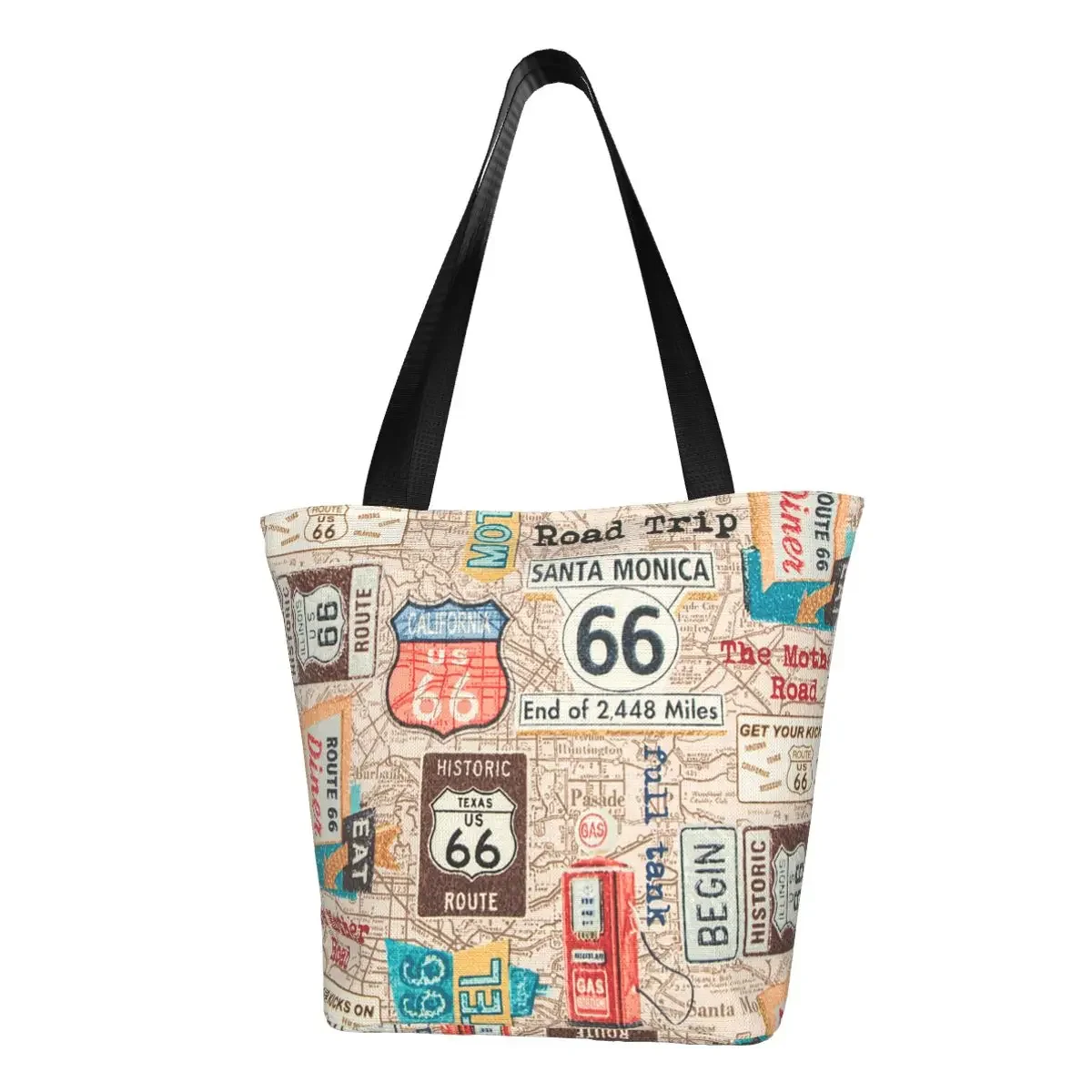 

Vintage Route 66 Map Groceries Shopping Bag Canvas Shopper Shoulder Tote Bags Big Capacity Durable USA Highways Handbag