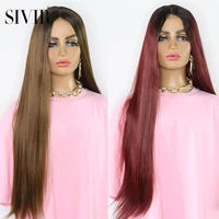 synthetic lace brazilian wig long straight middle parting hair cosplay anime brownredblack color high temperature fiber